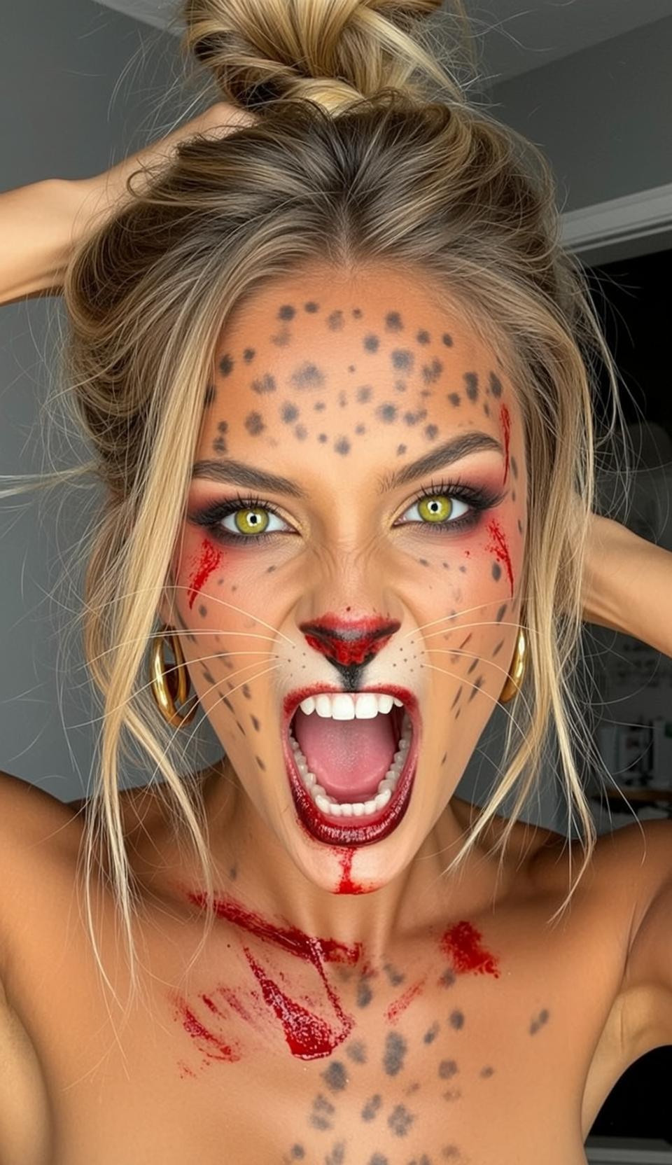 Halloween Makeup Leopard Paint Blonde Messy Bun