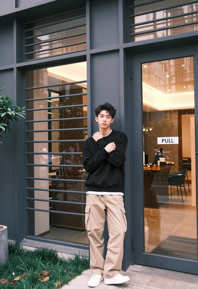 Young Man Stands Casually Front Modern Building With Large Glass