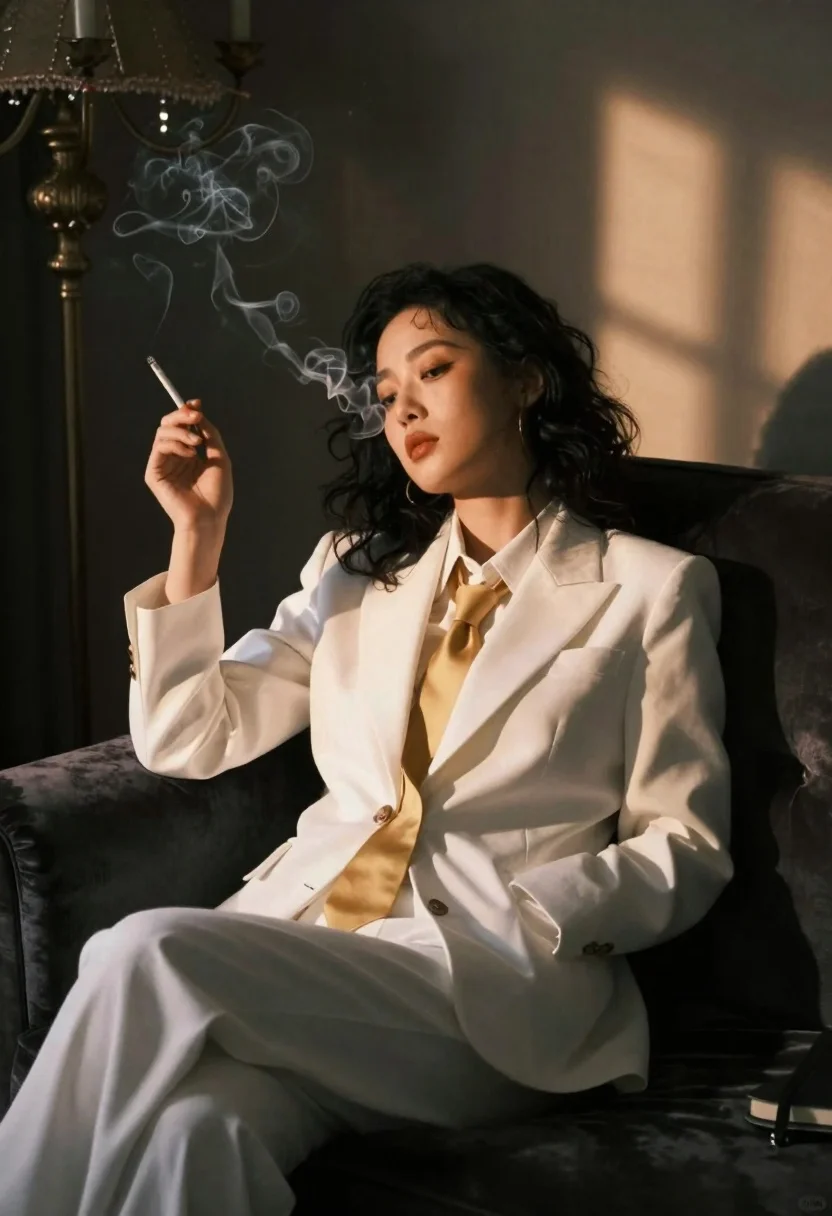Cinematic Portrait Woman Lounging Dark Velvet Couch Dim Atmospheric Interior reference photo