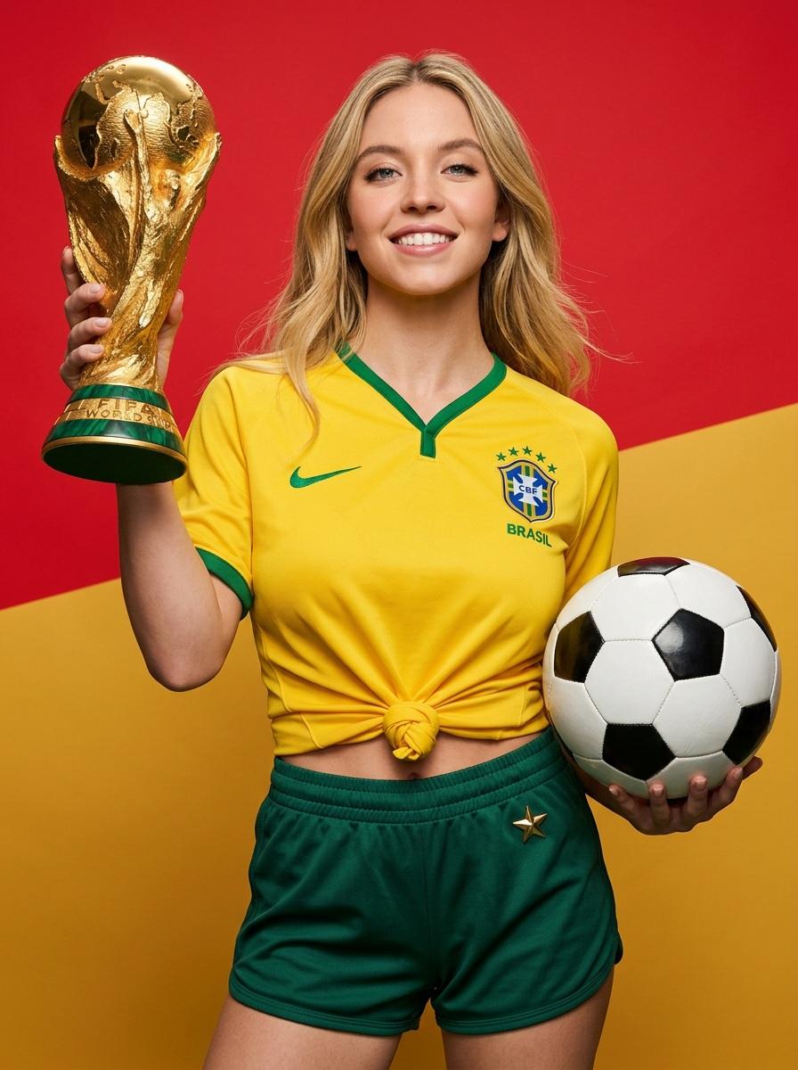 Holding Soccer Trophy And Ball Vibrant Background