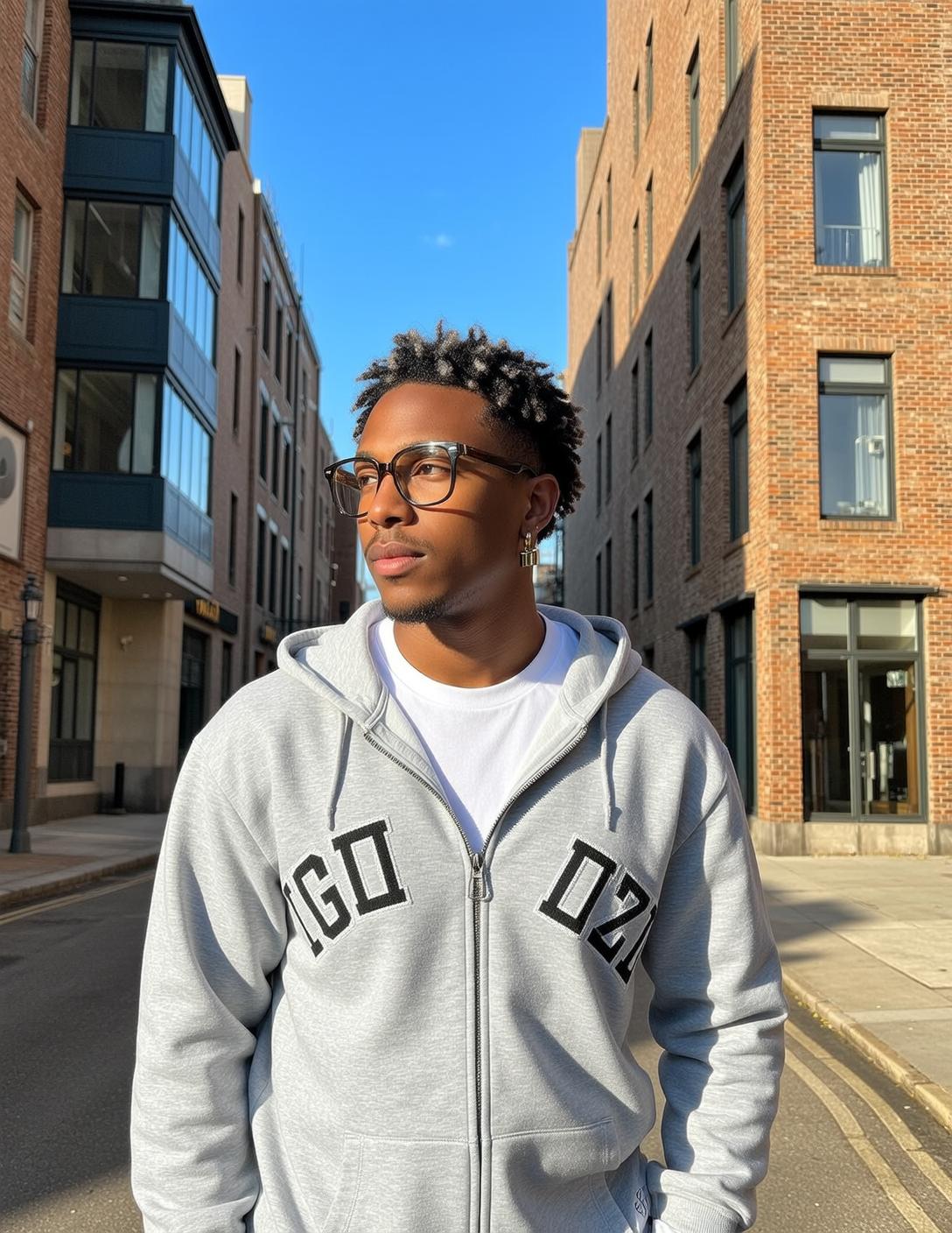 Grey Hoodie Sunlit Glasses Portrait