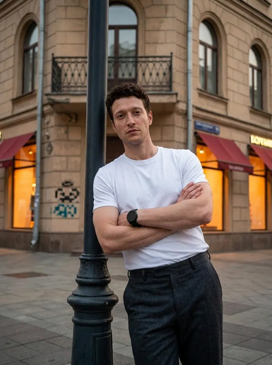 City Street Lamppost Confident Pose White T Shirt