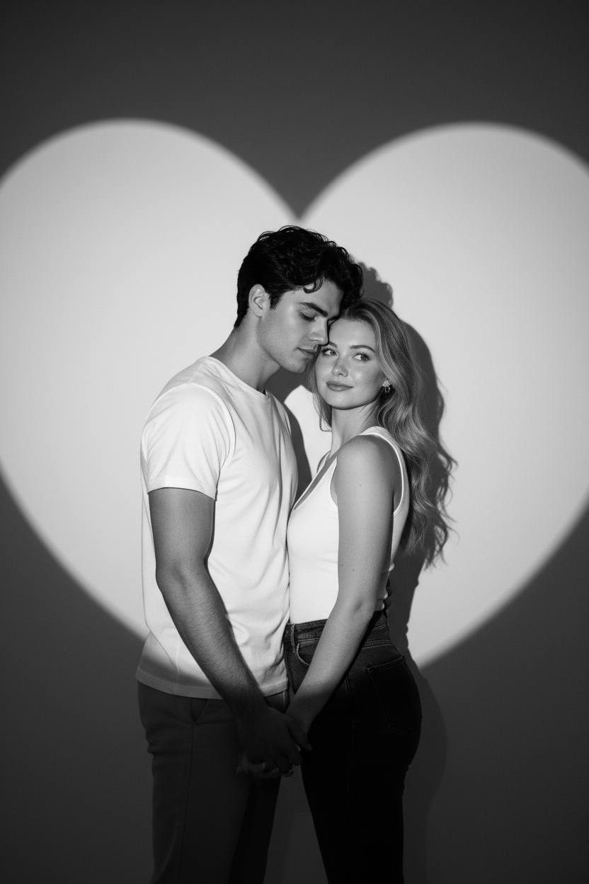 A couple in a romantic pose, standing close with loving expressions, highlighted by dramatic lighting and a glowing heart backdrop.