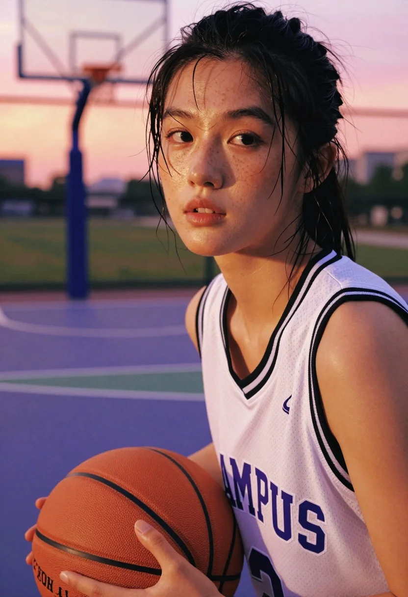 Close-up portrait of a young woman holding a basketball, bathed in warm golden hour light on an outdoor court.