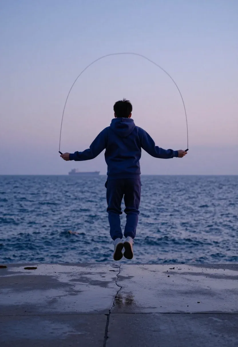 Person Viewed From Behind Jumping Rope Wet Pier Dusk Subject