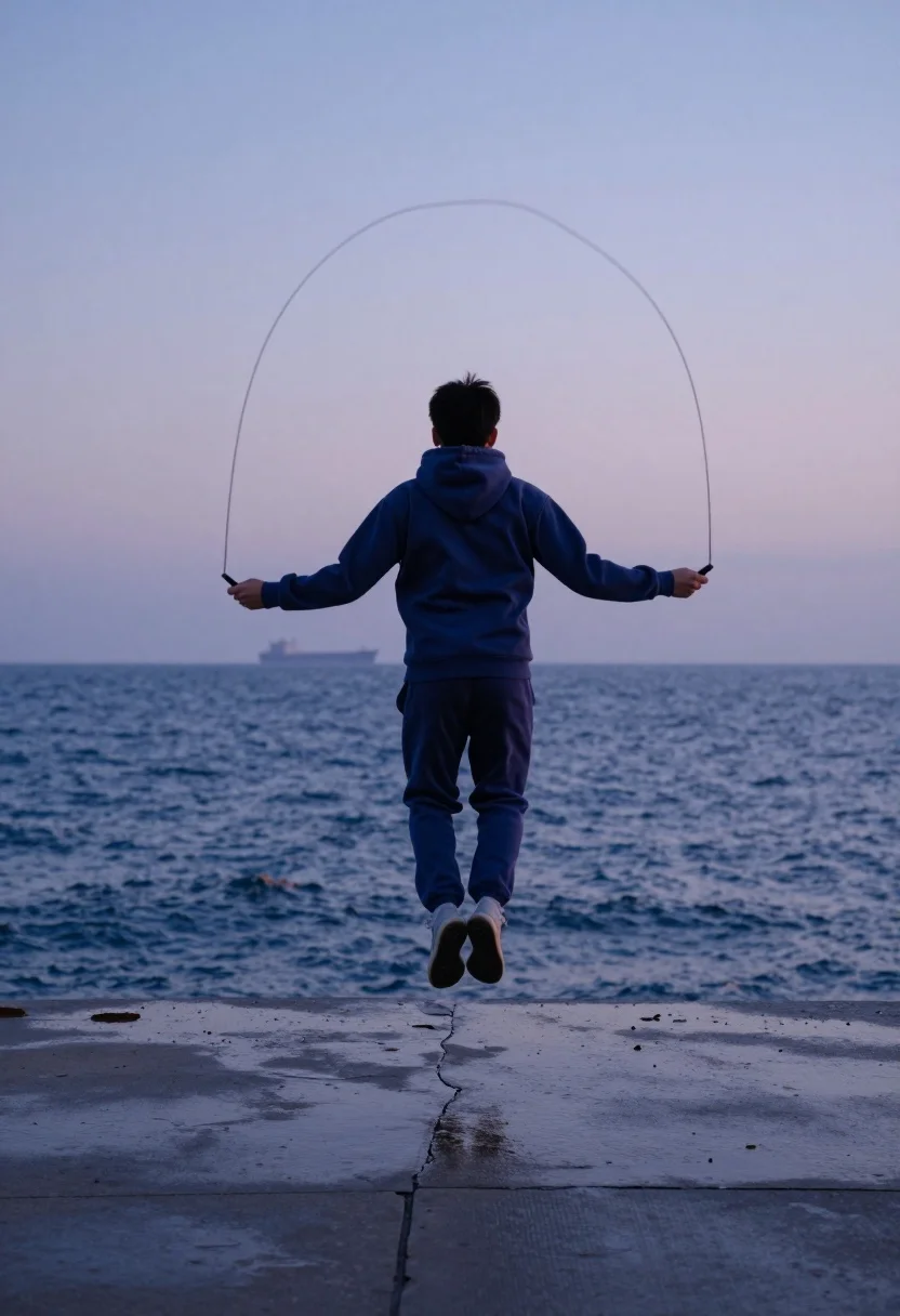 Person Viewed From Behind Jumping Rope Wet Pier Dusk Subject