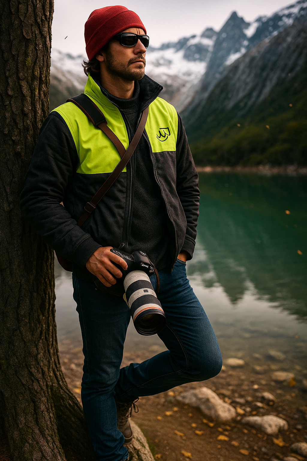 Fotógrafo de pie apoyado en un tronco de árbol, sosteniendo una cámara canon frente a un lago color esmeralda, con una luz dorada iluminando su rostro.