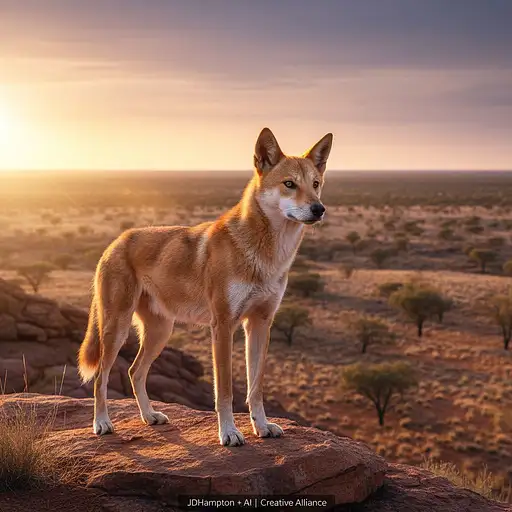 A majestic Australian dingo standing alert at sunrise, showcasing its lean build and piercing eyes.