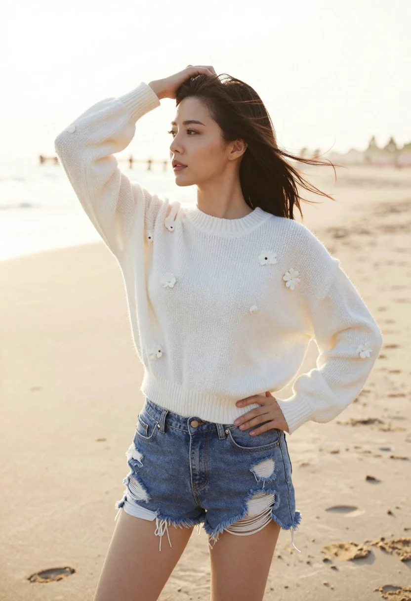 Woman Stands Sandy Beach With Her Hand Her Hair And reference photo