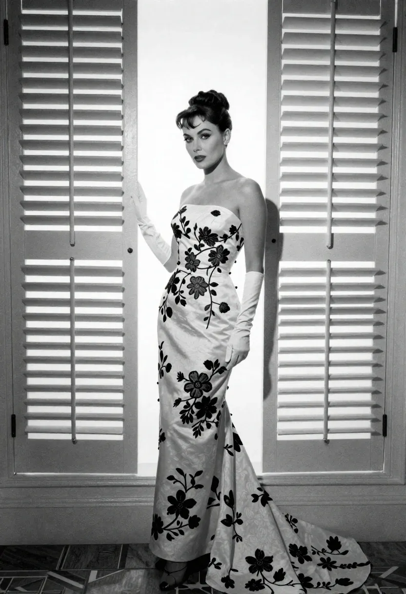 Full-length Black And White Portrait Woman Standing Elegantly Front Tall