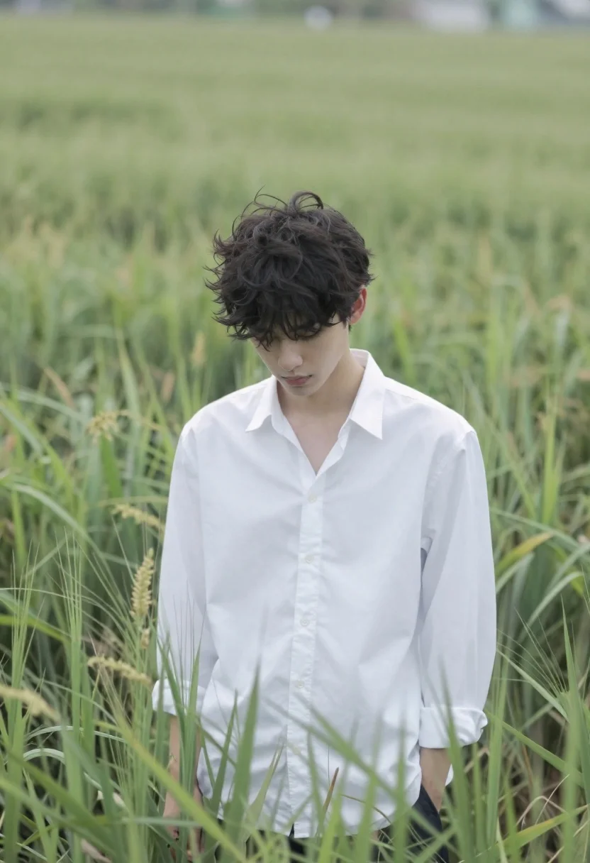 Young Man With Dark Tousled Hair Stands Field Tall Swaying