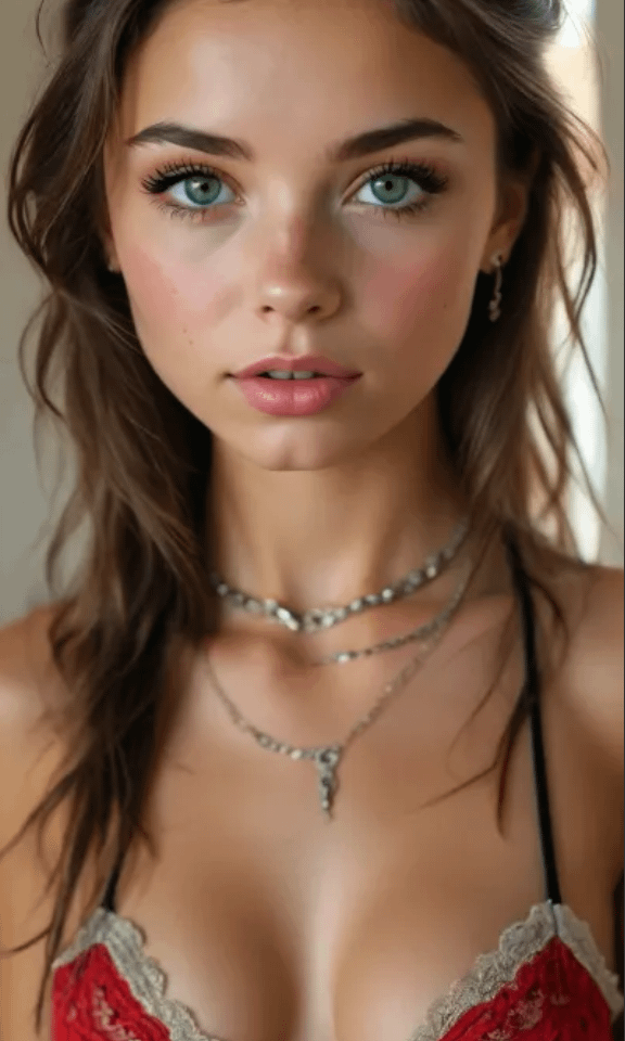 Close-up portrait featuring a model in a red lace bralette, soft diffused light enhances the skin's natural texture and jewelry details.