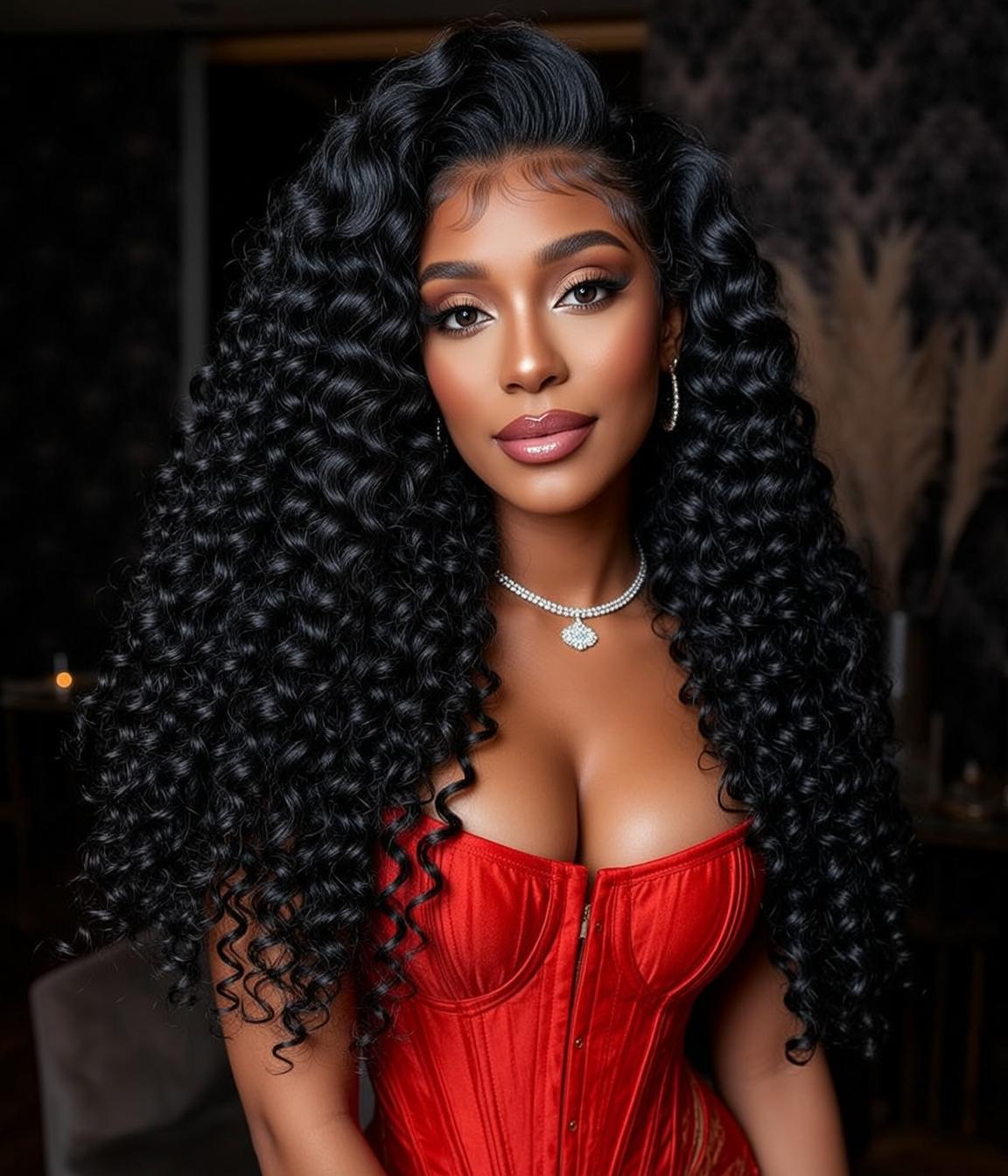 Red Satin Corset Diamond Necklace Close Up