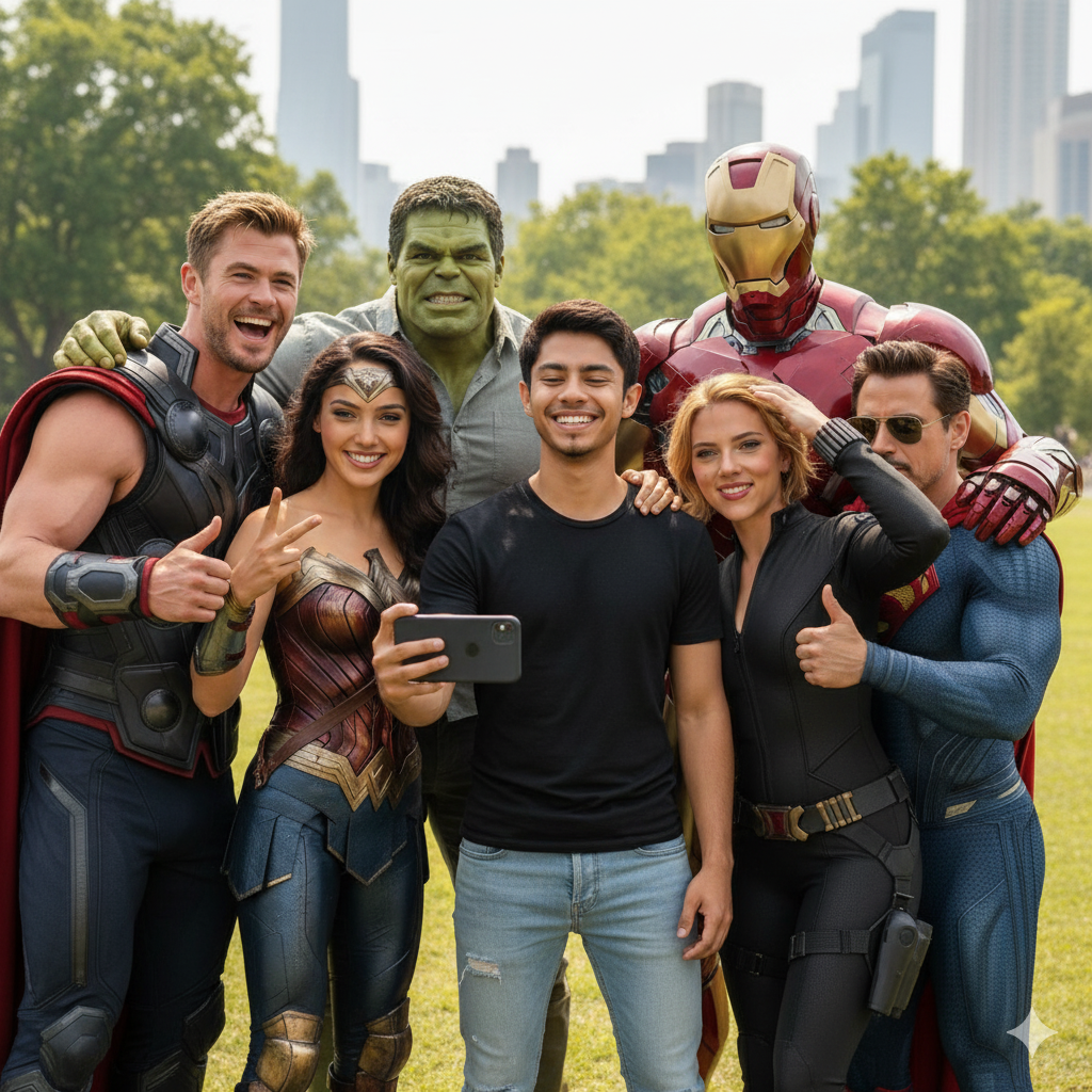 Ultra realistic group selfie featuring Thor, Wonder Woman, Black Widow, Hulk, Superman, and Iron Man smiling together.