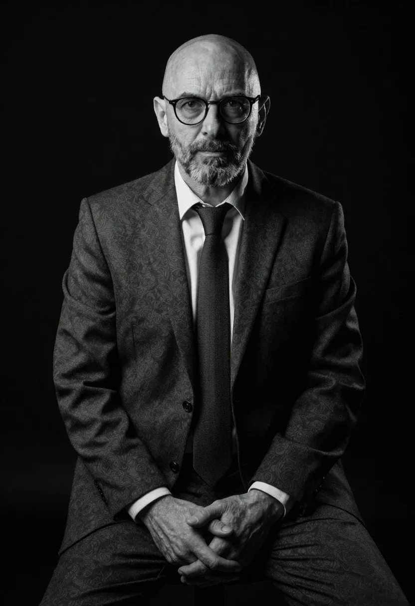 Black And White Studio Portrait Mature Bald Man Seated Stool