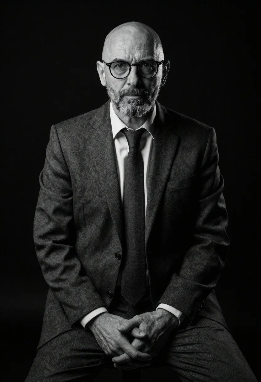 Black And White Studio Portrait Mature Bald Man Seated Stool reference photo