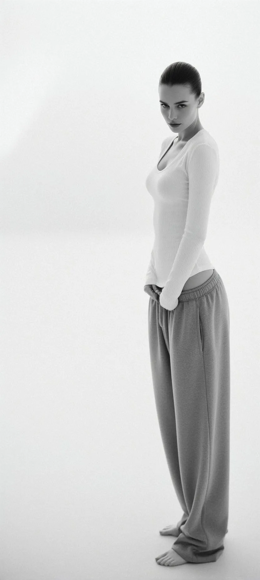 Full-body Vertical Black And White Photograph Captures Young Woman Standing
