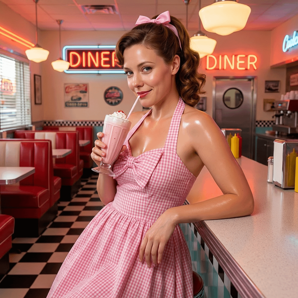 Pink Gingham Dress Retro Diner Pin Up Pose