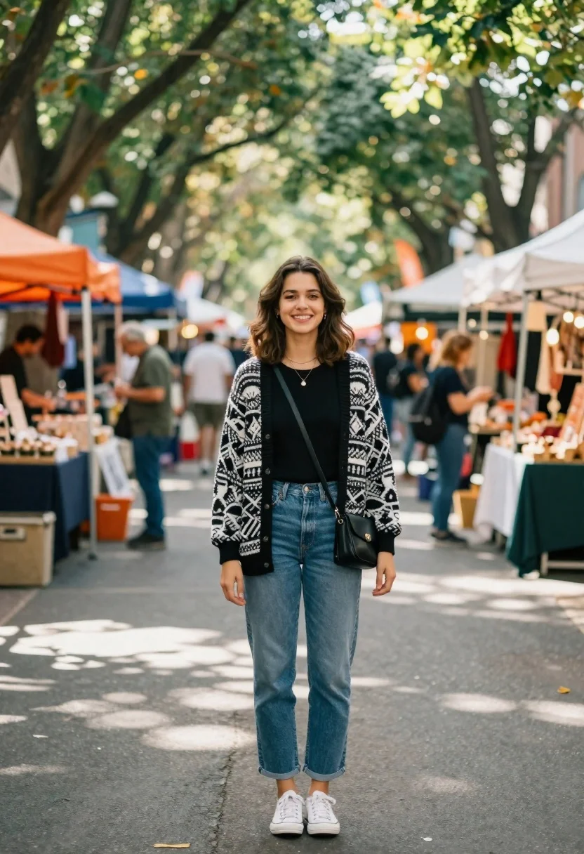 Smiling Young Woman Stands Confidently The Center Outdoor Market Aisle