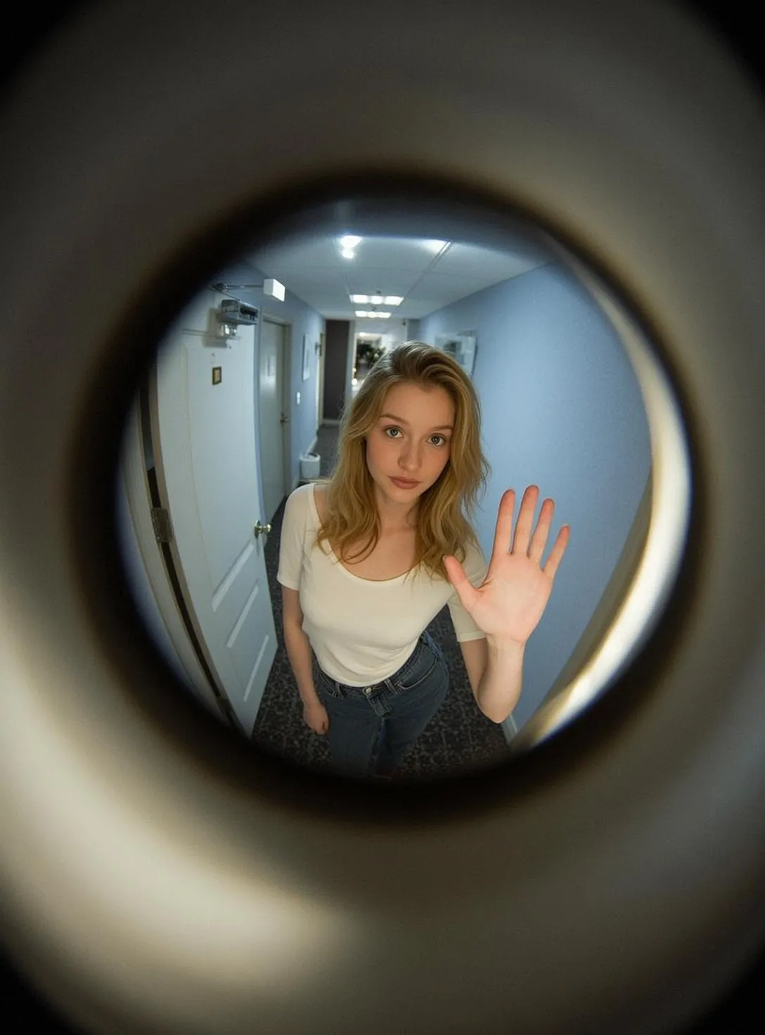 Fisheye Hotel Hallway Blonde Woman Stop Gesture