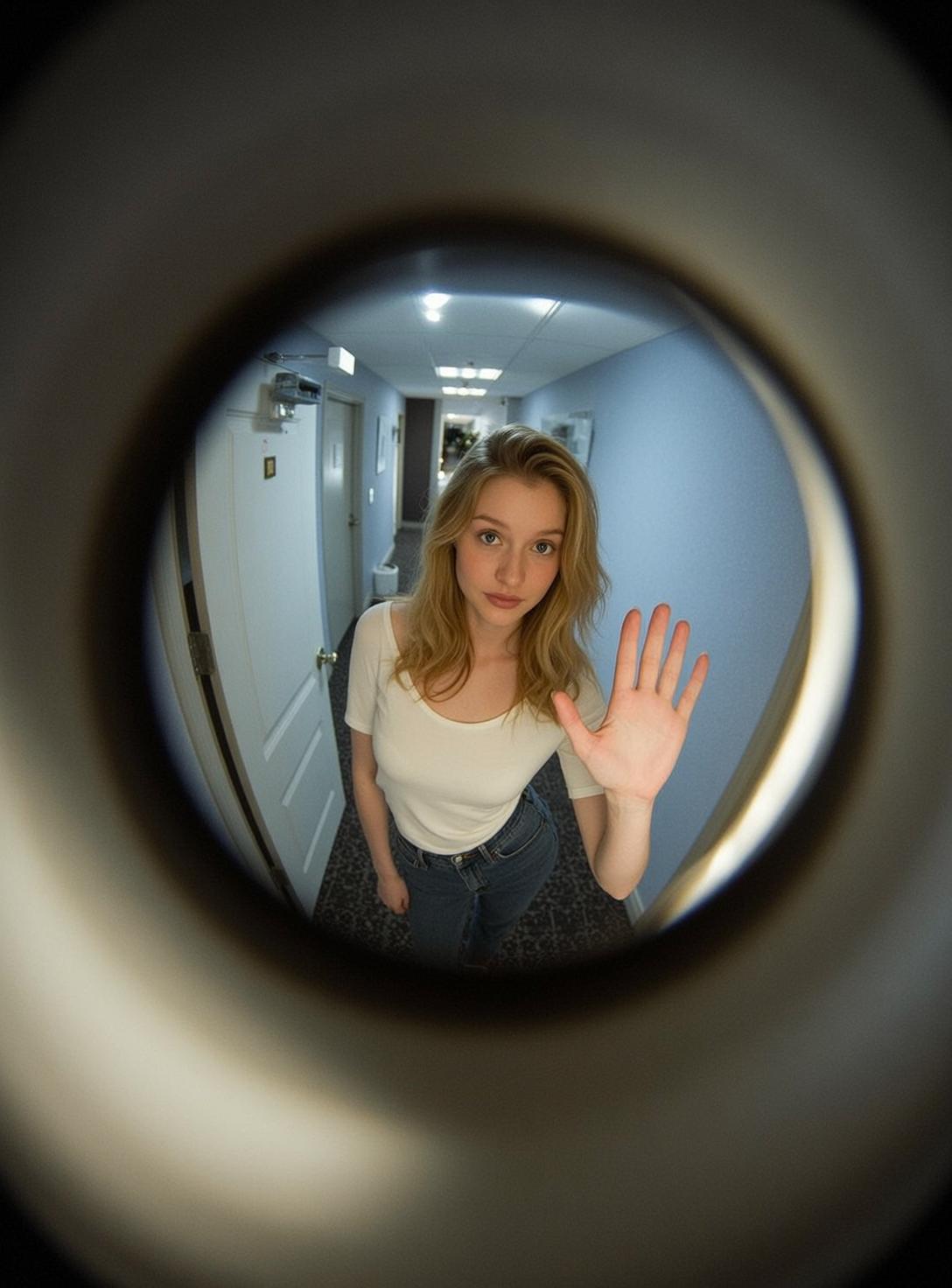 Fisheye Hotel Hallway Blonde Woman Stop Gesture