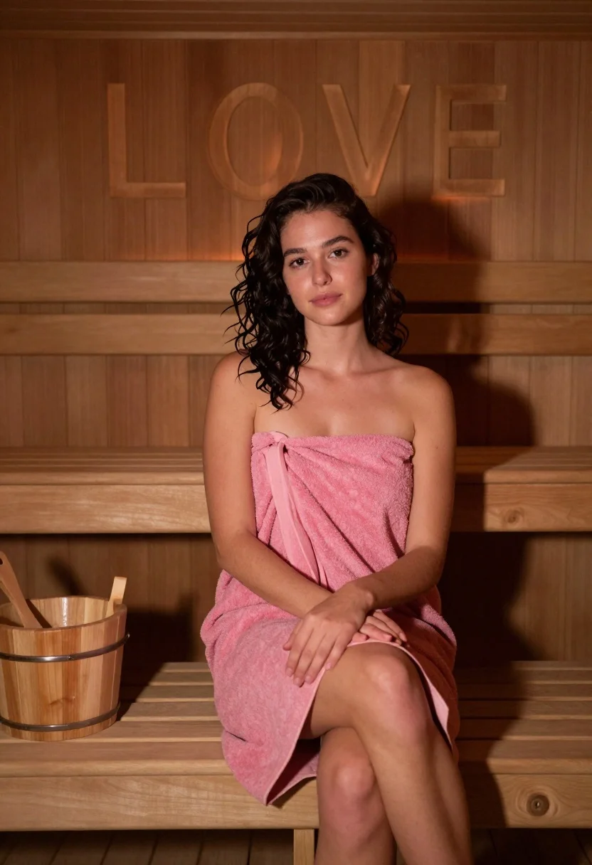 Woman Sits Calmly Wooden Sauna Wrapped Pink Towel With The