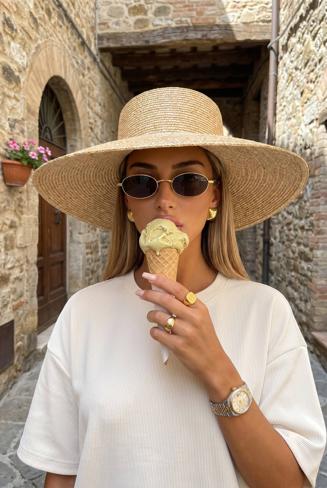 Woman in a cream oversized t-shirt holding a gelato cone in a narrow Italian alley.