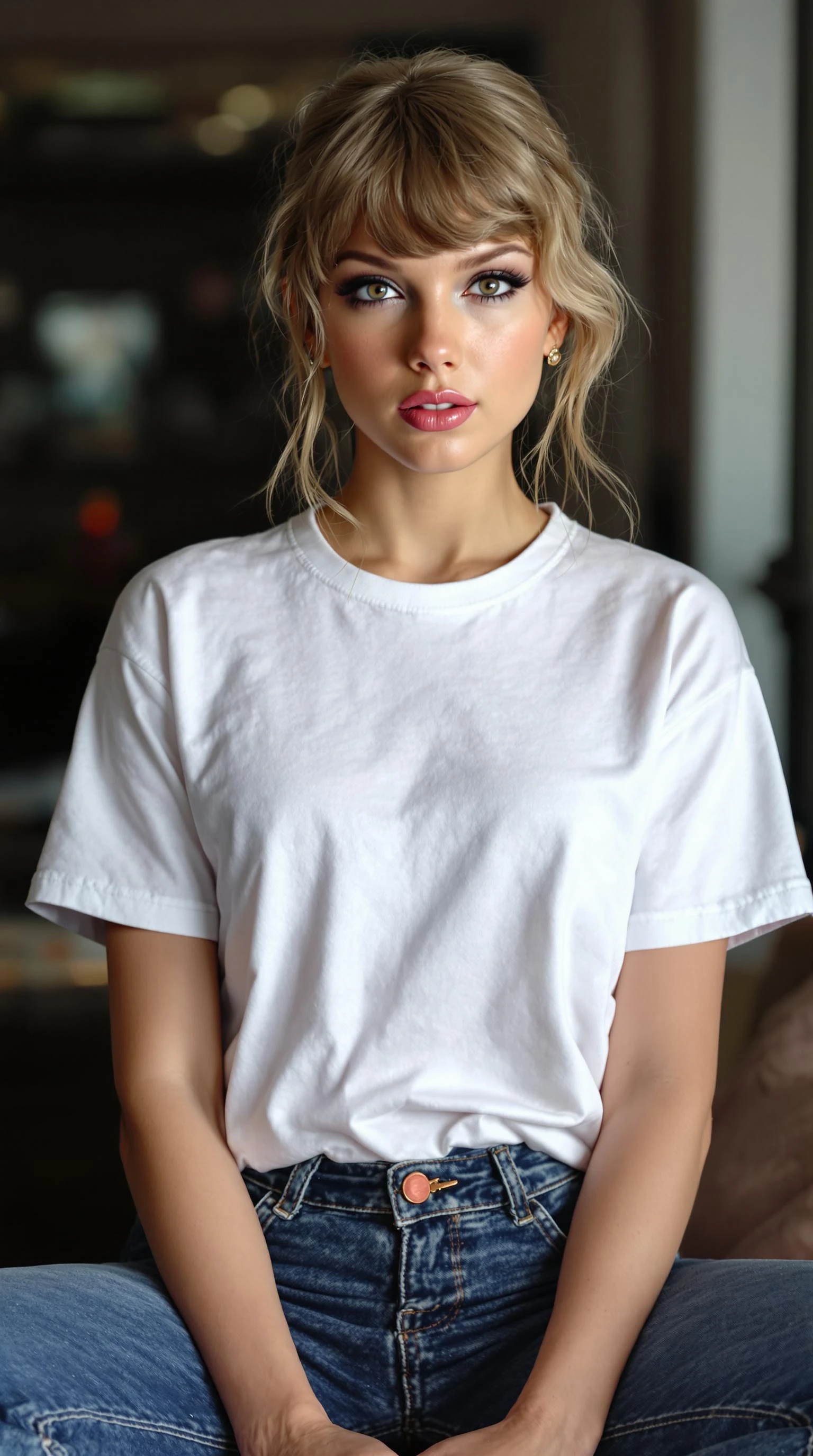 A stunning Taylor Swift look-alike, with beautiful olive skin, wearing a white t-shirt and skinny jeans, sitting cross-legged with a gentle expression in a futuristic setting.
