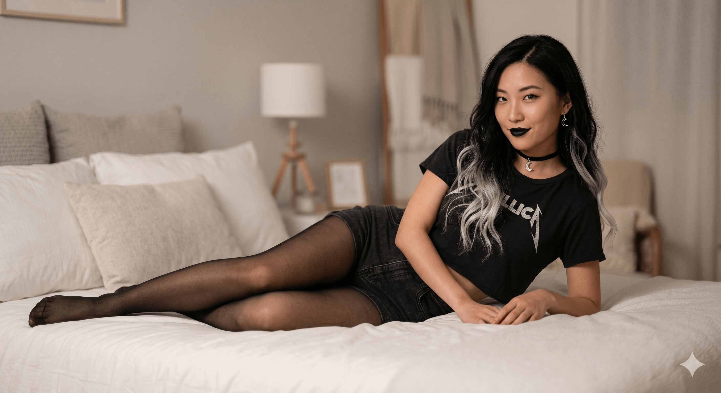 Bed Black T Shirt Denim Shorts Pantyhose