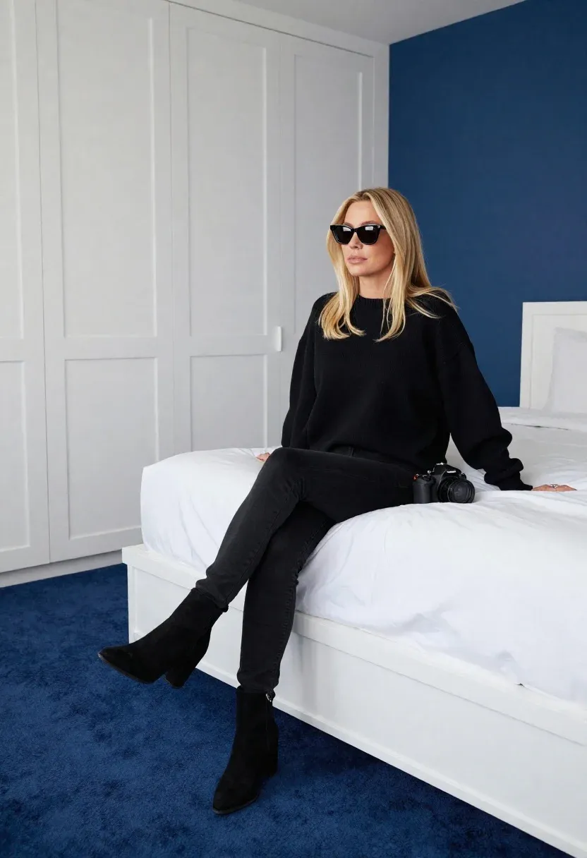 Blonde Woman Wearing Sunglasses Sits Casually White Bed Modern Bedroom