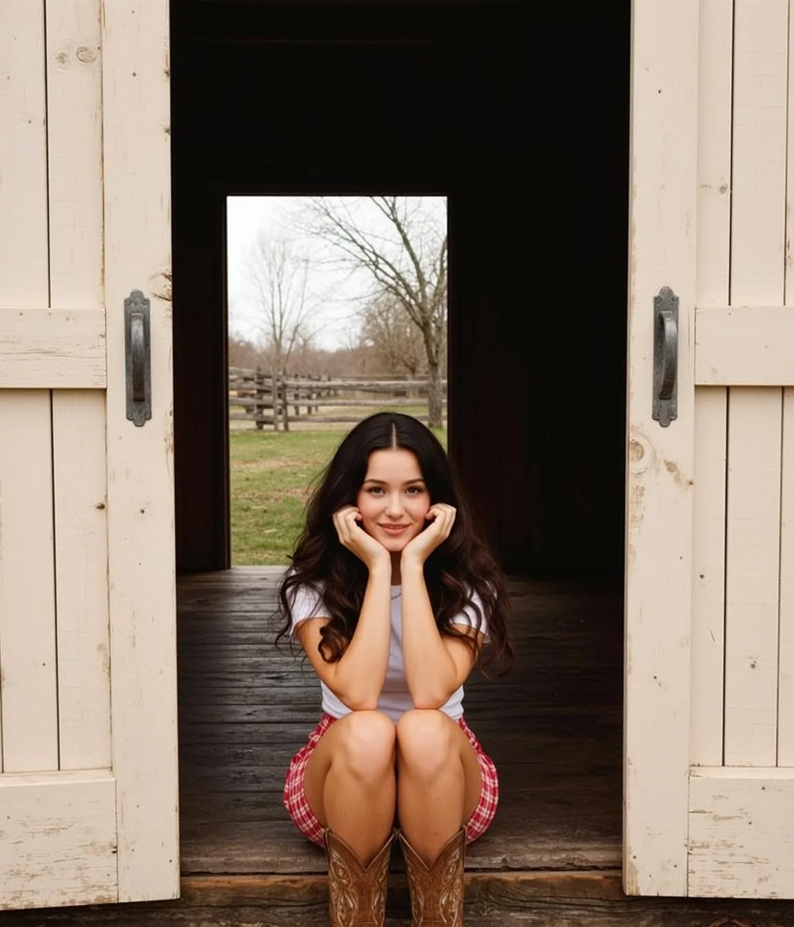 Plaid Skirt Barn Door Pose