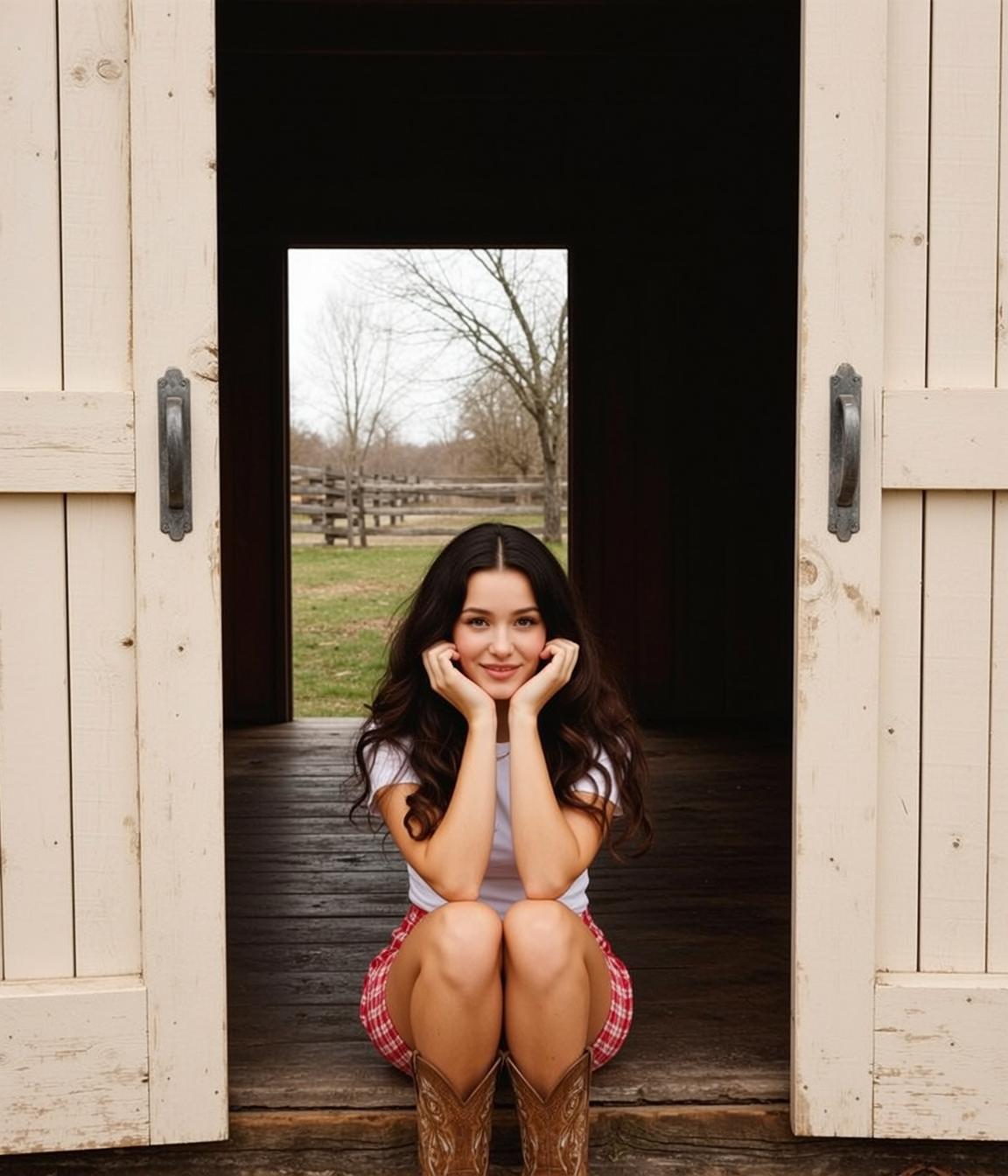 Plaid Skirt Barn Door Pose