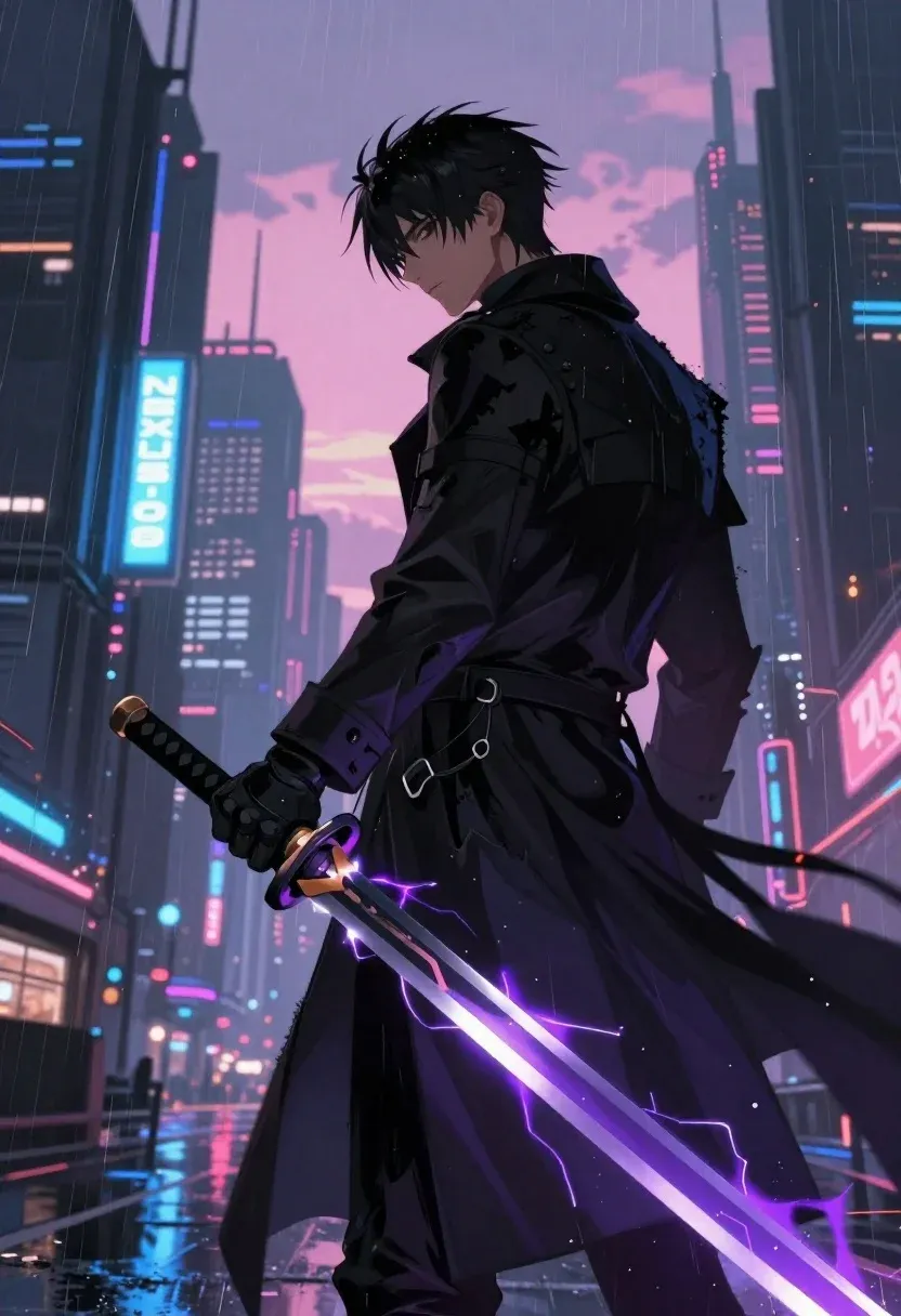 Digital Painting Young Man Standing Profile With Glowing Purple Sword