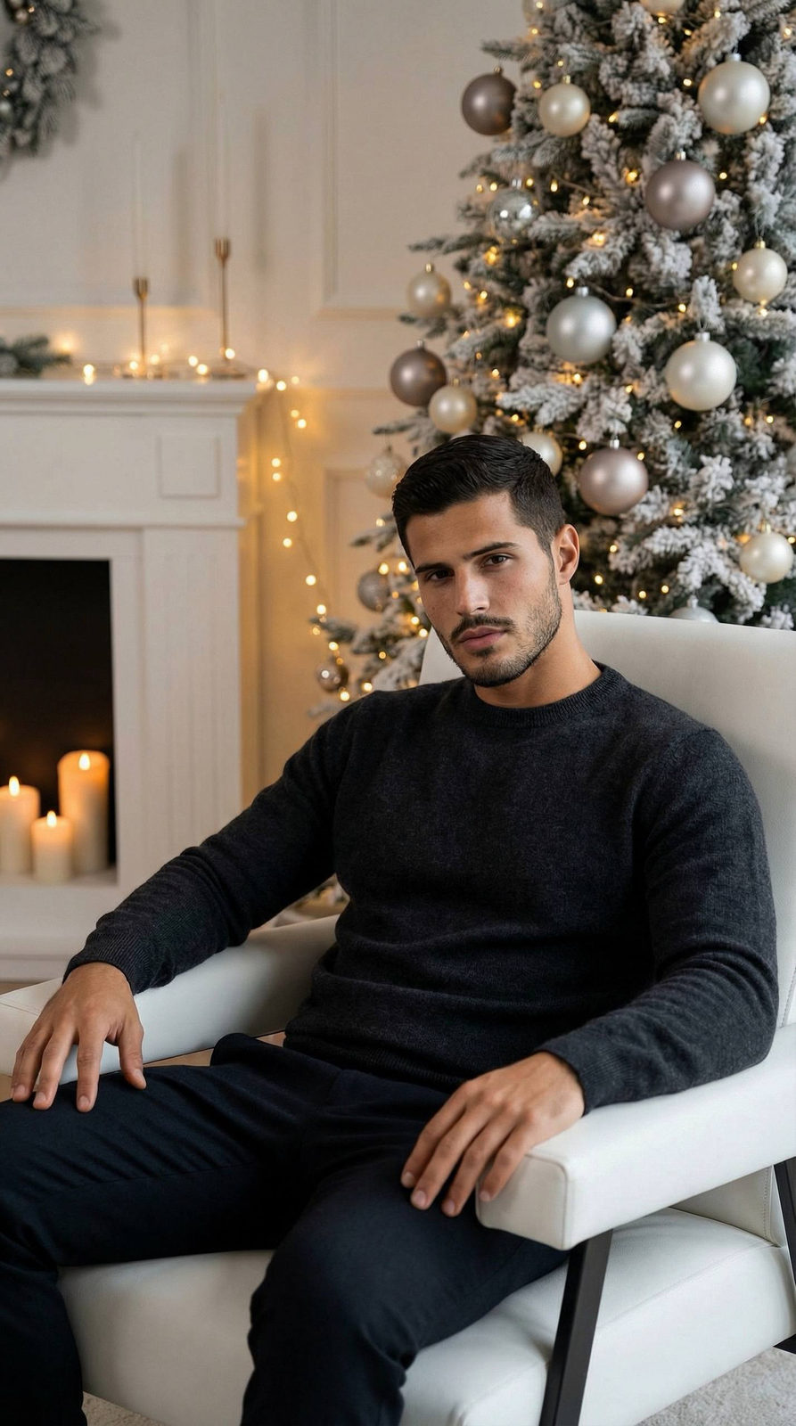 Cinematic holiday portrait of a person in a modern armchair, featuring a snow-frosted Christmas tree and softly glowing candles.