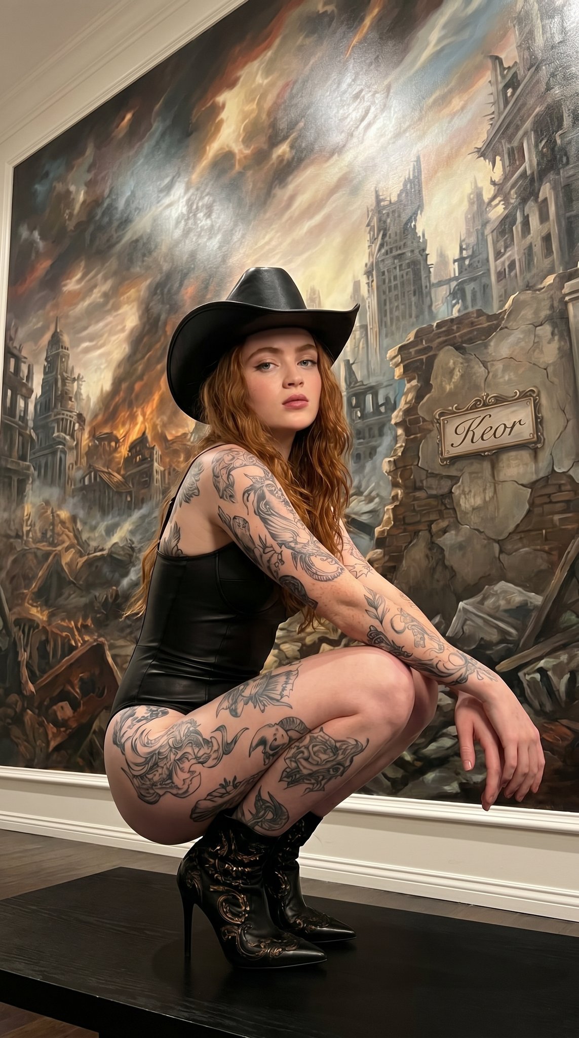Cowboy Hat Leather Bodysuit Tattoos Oil Painting