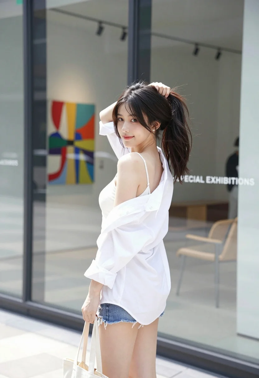 Young Woman With Long Dark Hair Tied High Ponytail Stands