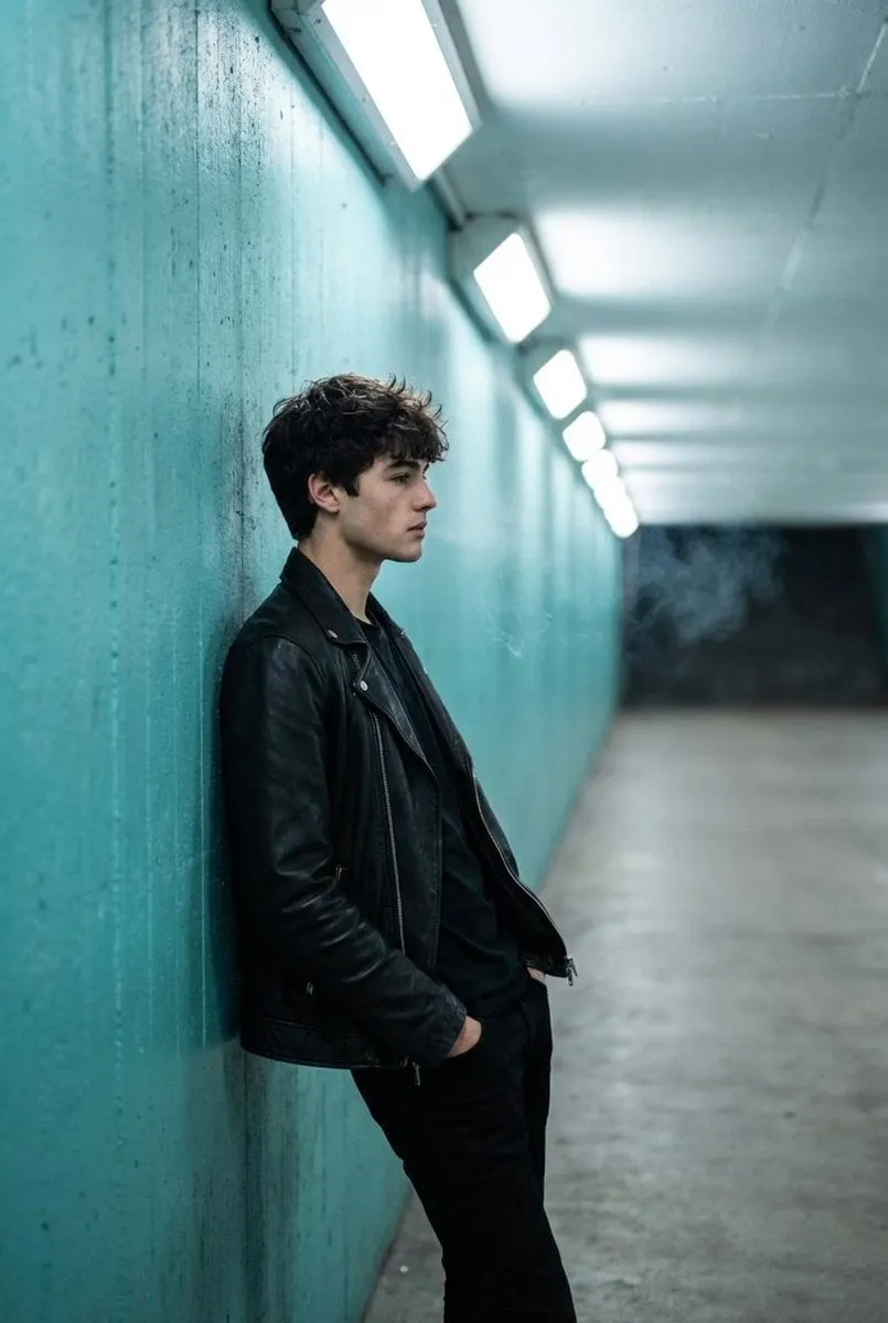 Full Captures In Profile Leaning Against Textured Turquoise Wall Inside