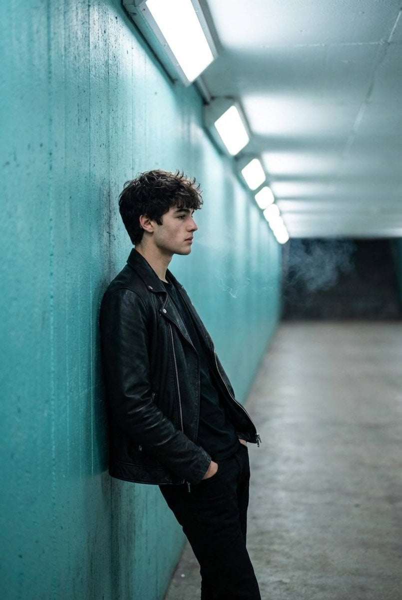 Full shot of a man in profile, leaning against a textured turquoise wall, wearing a black leather jacket with smoke above.
