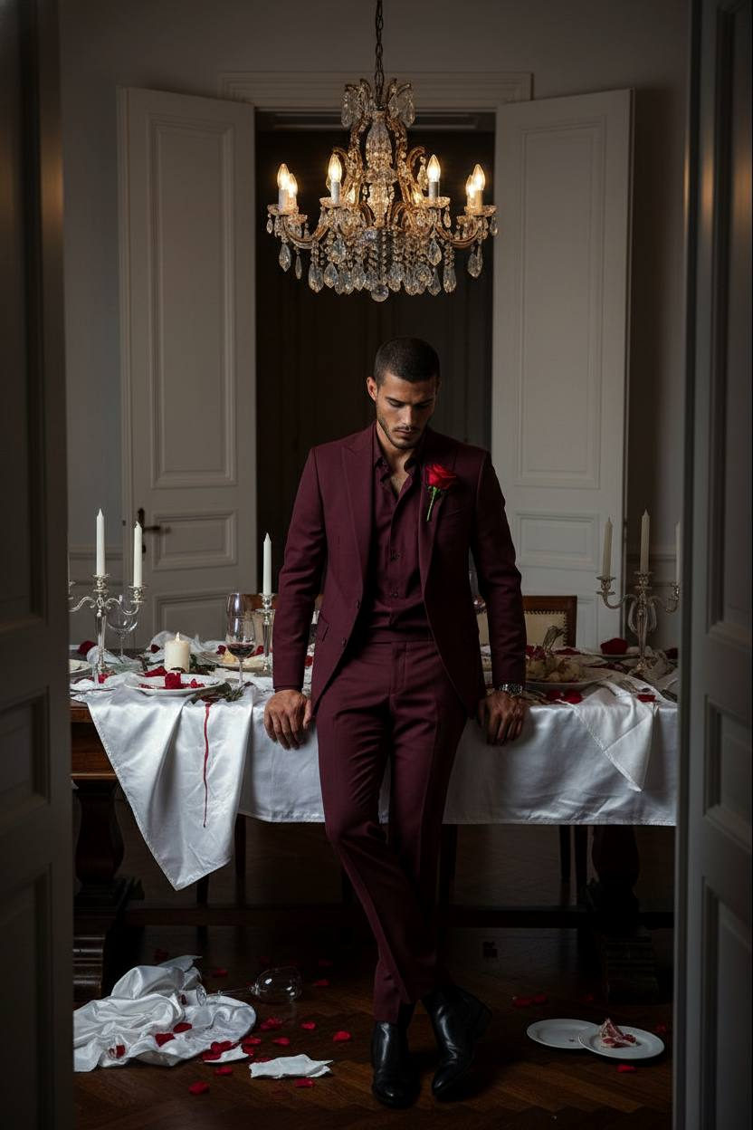 A person in a deep red suit leans against a lavish dining table amid elegant chaos, with roses and broken glasses.
