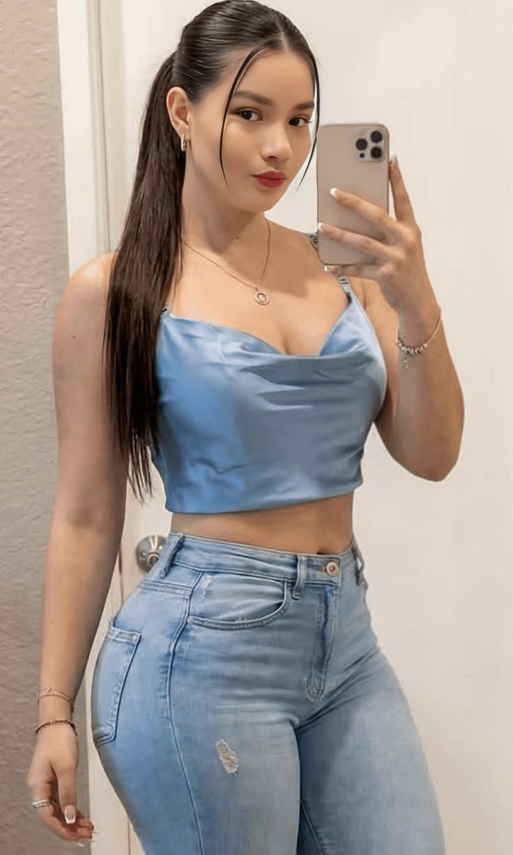 Mirror Selfie Blue Satin Crop Top Denim Jeans