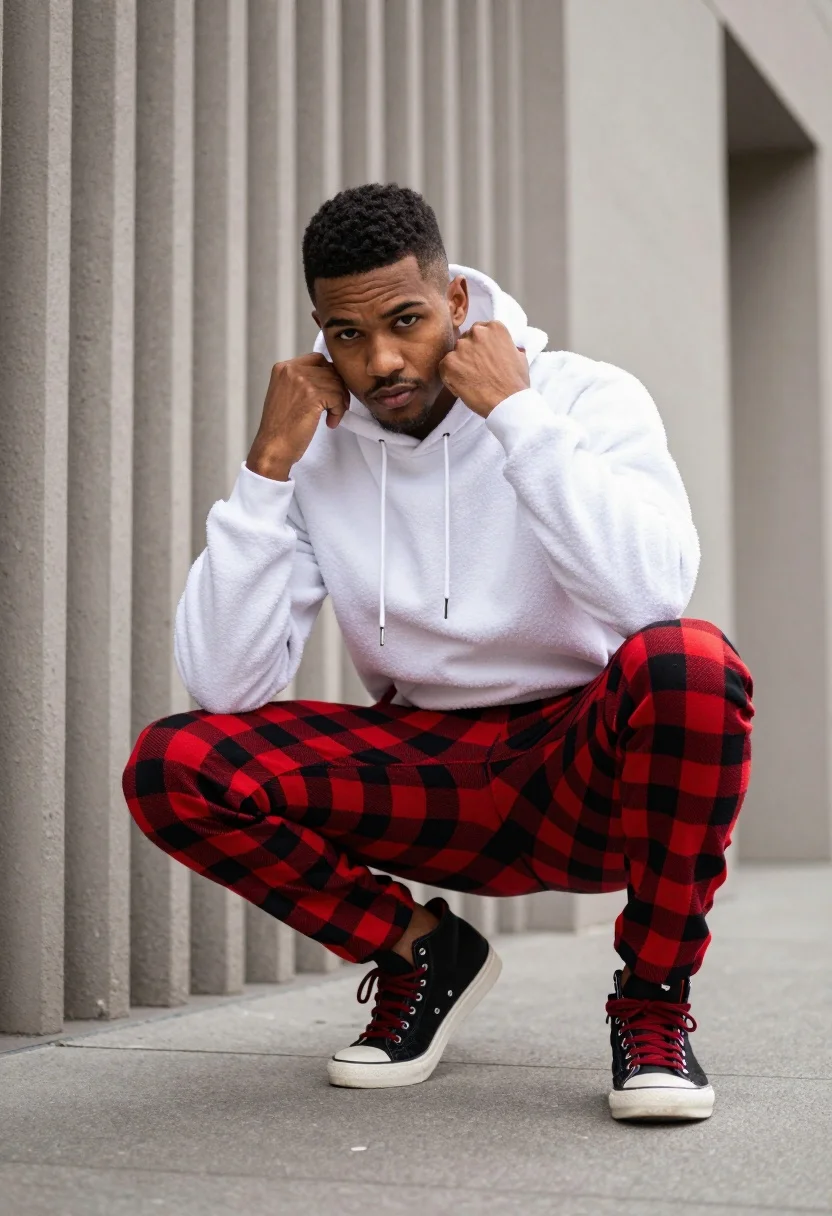 Man Crouching Dynamic Urban Pose Against Textured Wall With Vertical
