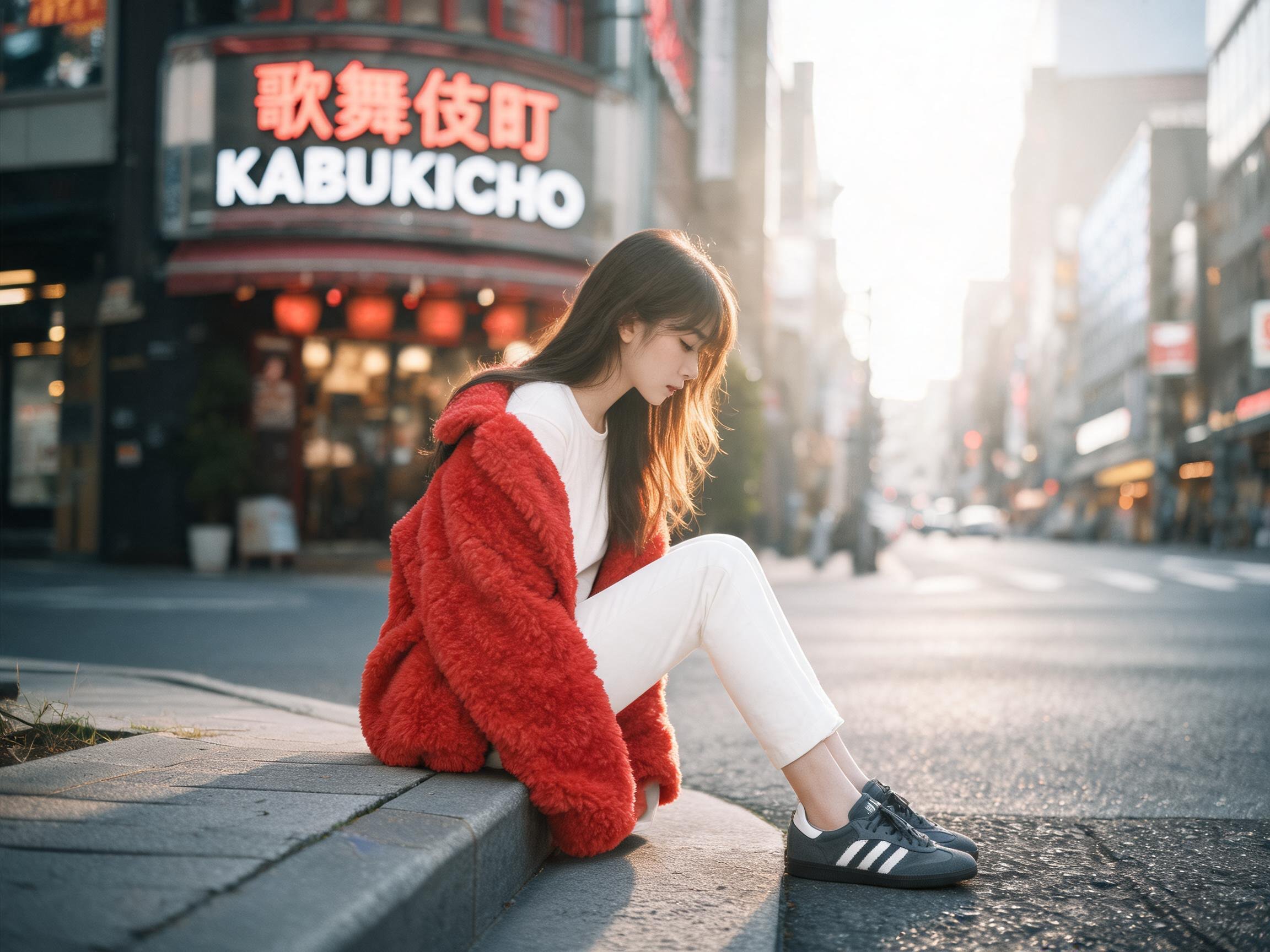 Fuzzy Red Jacket City Street Sunrise Golden Light