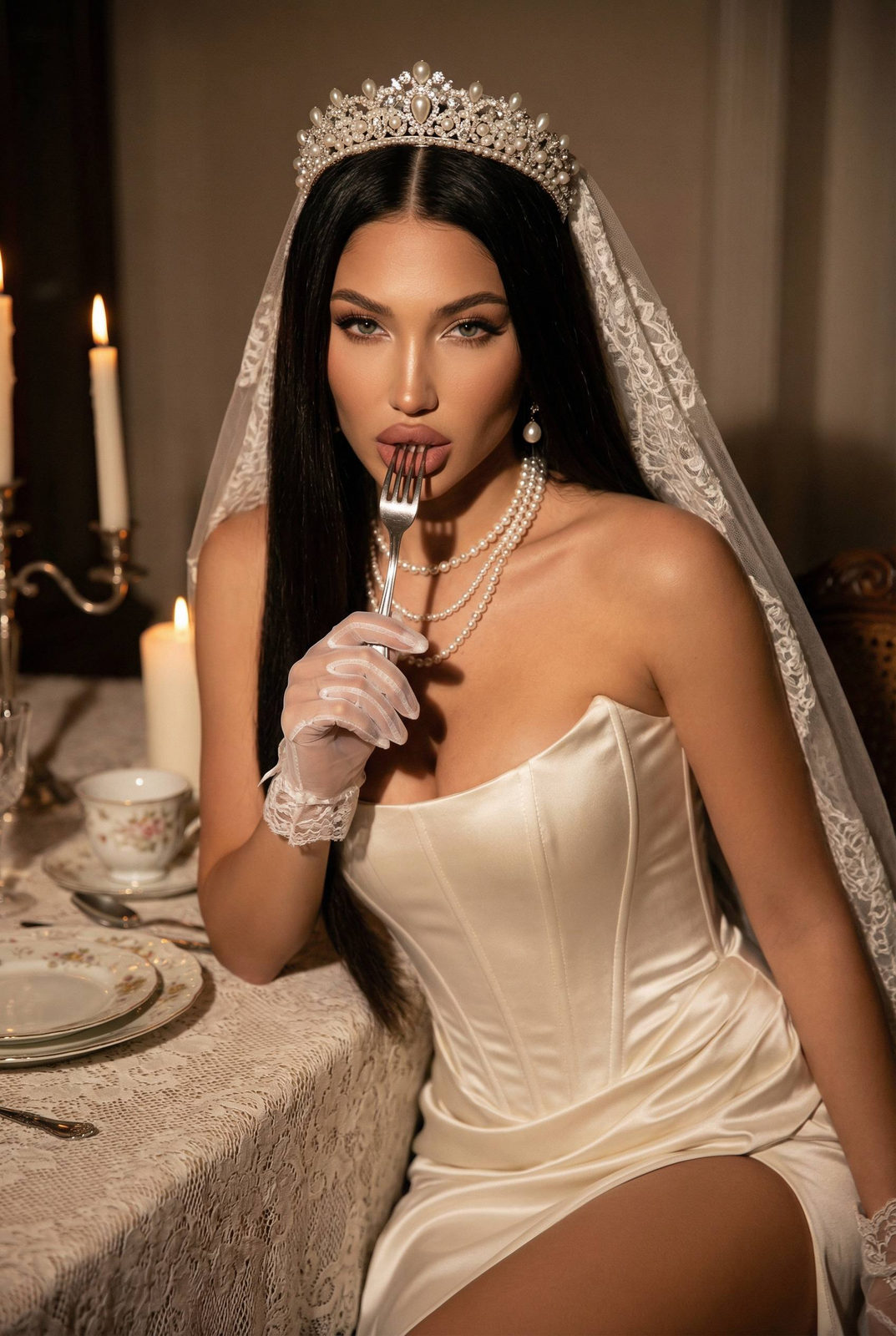 A hyper-realistic portrait of a woman in a strapless ivory satin wedding dress, seated at a vintage dining table, holding a silver fork delicately between her lips.