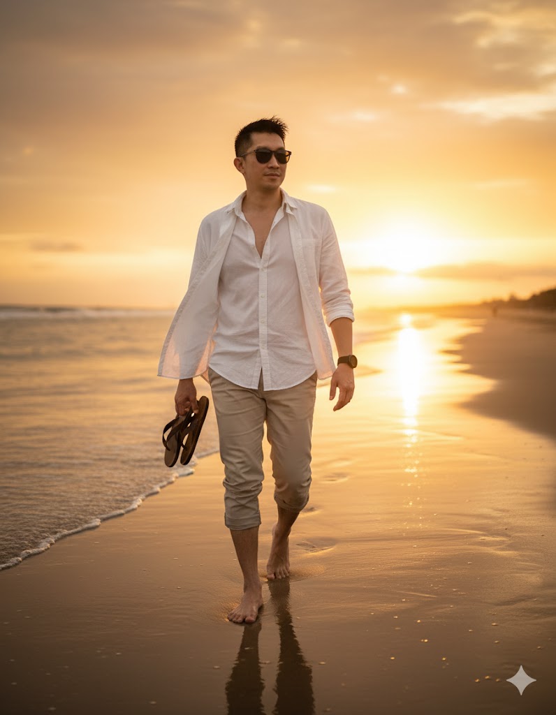 A man walking barefoot on the beach at sunset, with a glowing golden sky and reflections on wet sand, wearing a white linen shirt and beige trousers.