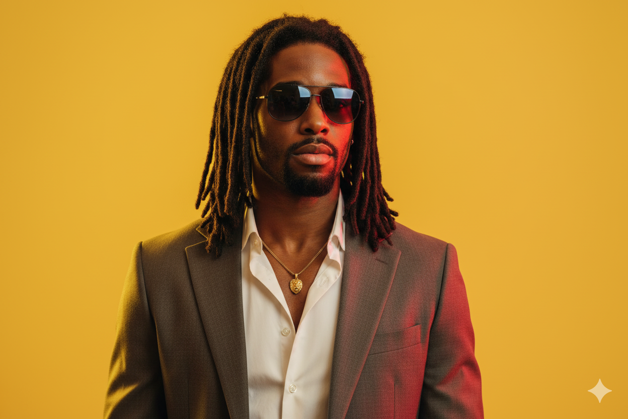 A powerful athletic man in a tailored blazer, exuding confidence against a yellow mustard background.