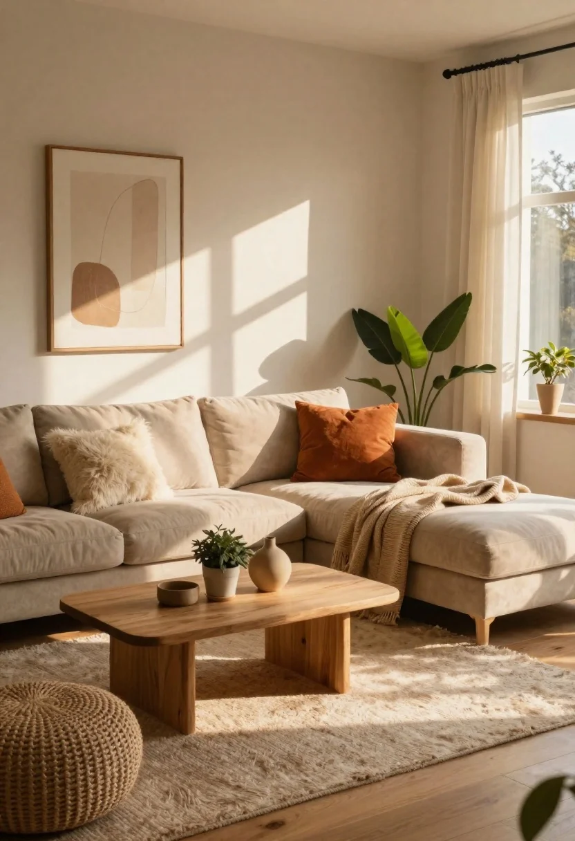 Photorealistic Interior Scene Cozy Living Room Bathed Warm Sunlight With reference photo