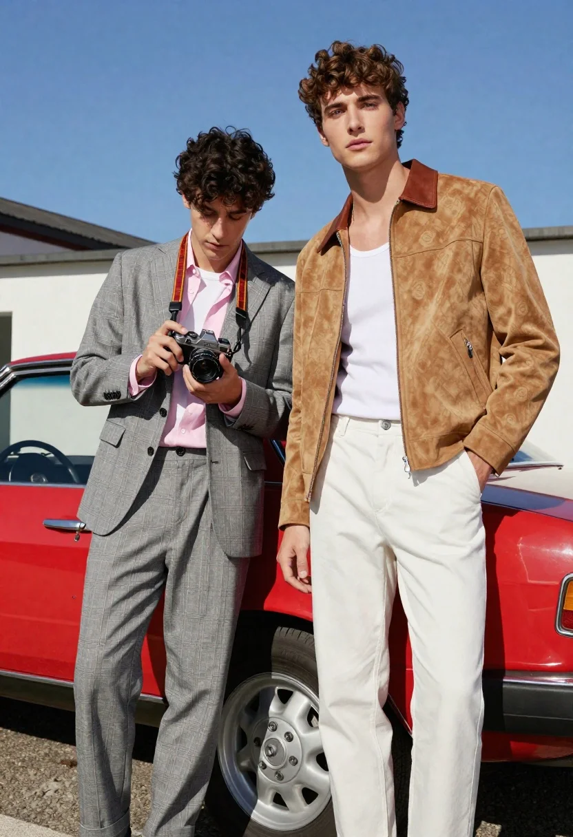 Two Young Men Pose Casually Outdoors Bright Daylight Next Vintage reference photo