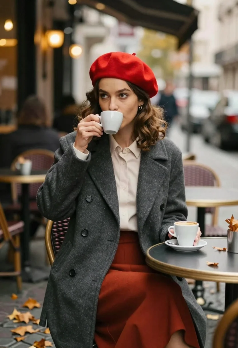 Woman Red Beret Sipping Coffee Outdoor Cafe Table Subject Young