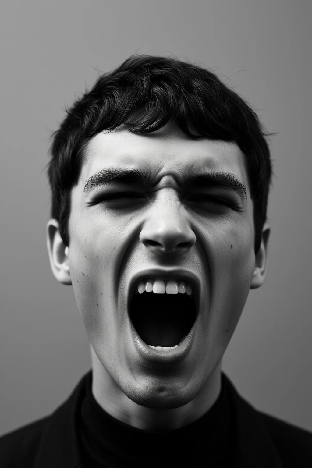 Photorealistic Black And White Medium Close-up Portrait Young Man With