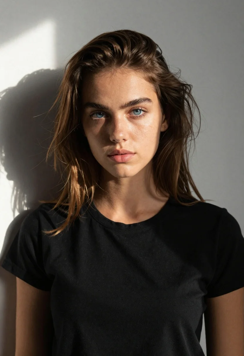 Medium Close-up Portrait Young Woman With Tousled Brown Hair And reference photo